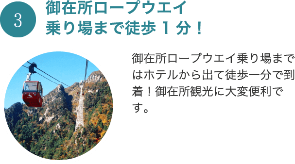 御在所ロープウエイ乗り場まで徒歩1分！ 御在所ロープウエイ乗り場まではホテルから出て徒歩一分で到着！御在所観光に大変便利です。